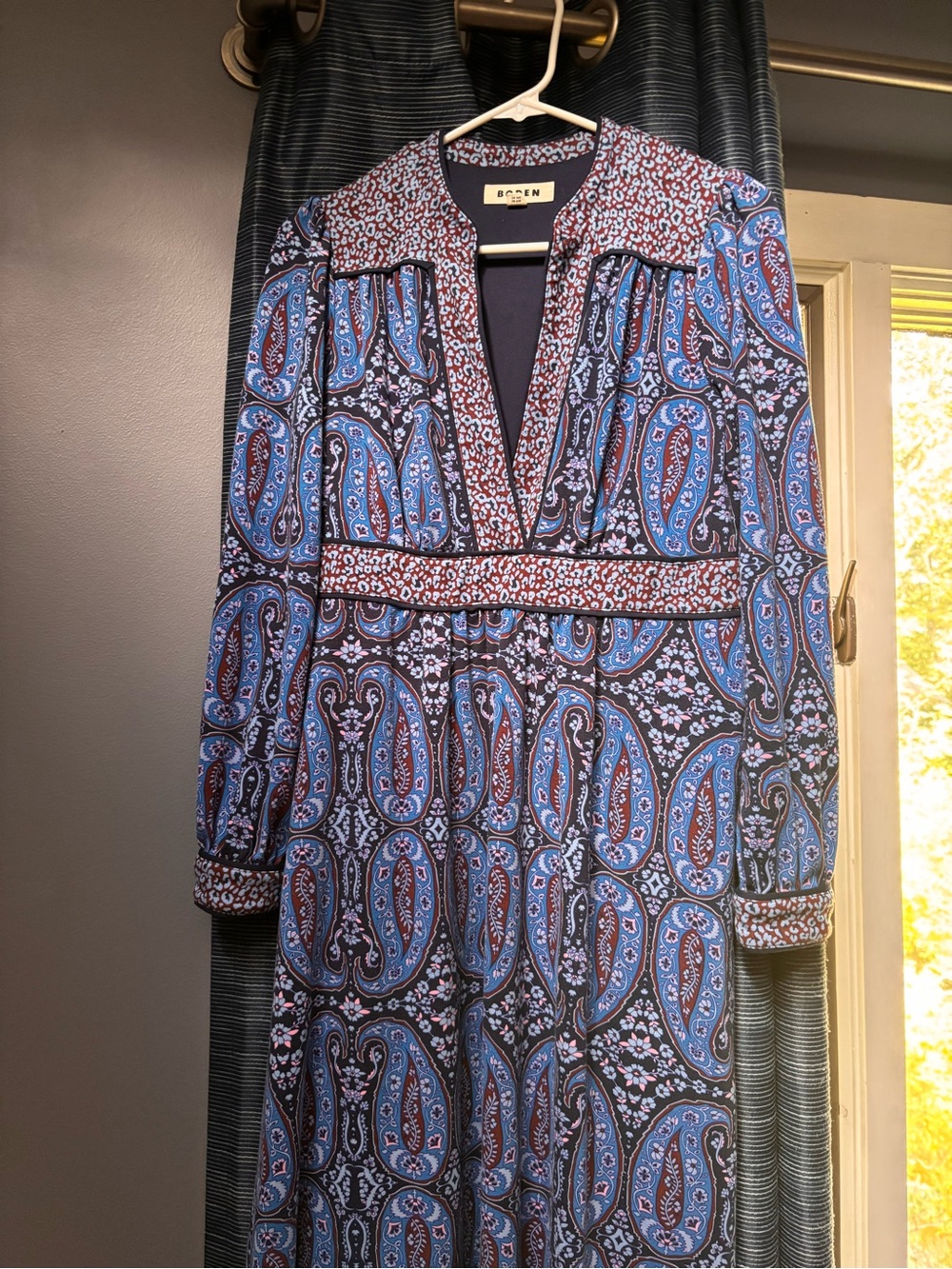 Boden Blue and Brown Paisley Long-Sleeve Midi Dress